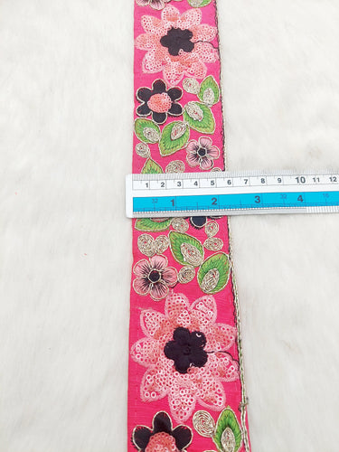 Cerise Pink Silk Fabric Embroidered Trim, Floral Embroidery Indian Sari Border Trim By Yard Decorative Trim Craft Lace, Sequins Trim